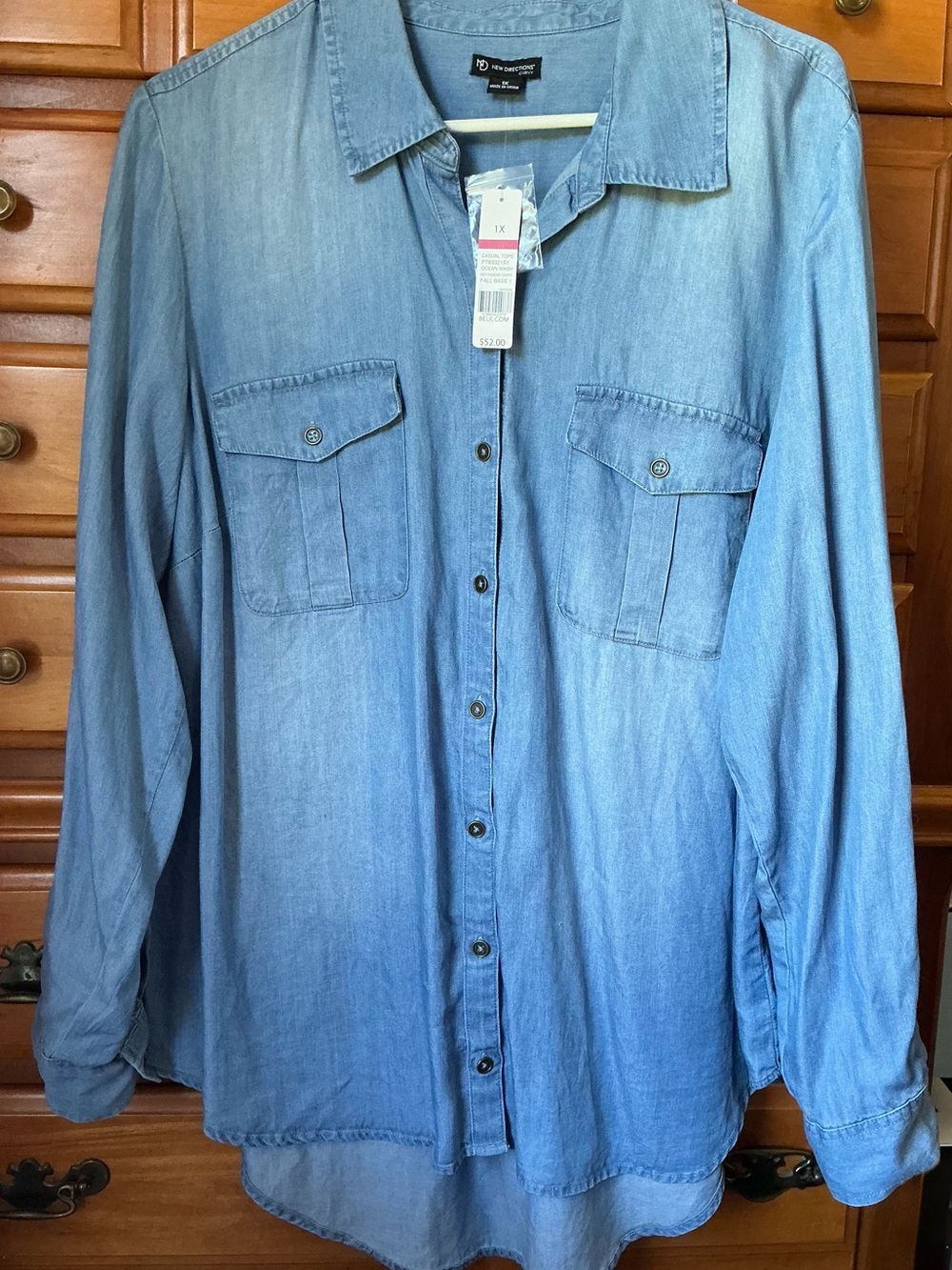 “Belk” New Directions Curvy Ocean Wash Denim Boyfriend Button-Up Shirt - 1X
